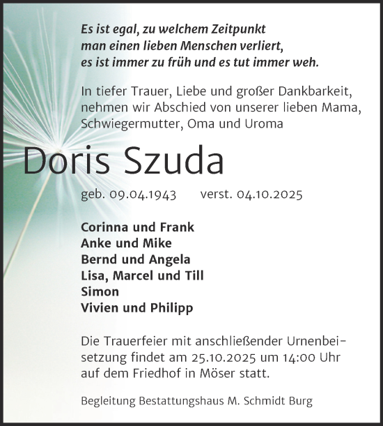 Traueranzeige von Doris Szuda von Volksstimme Burg/Genthin