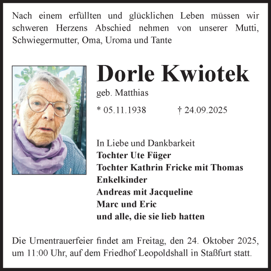 Traueranzeige von Dorle Kwiotek von Volksstimme Staßfurt