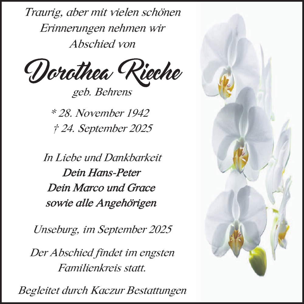  Traueranzeige für Dorothea Rieche vom 04.10.2025 aus Volksstimme Staßfurt