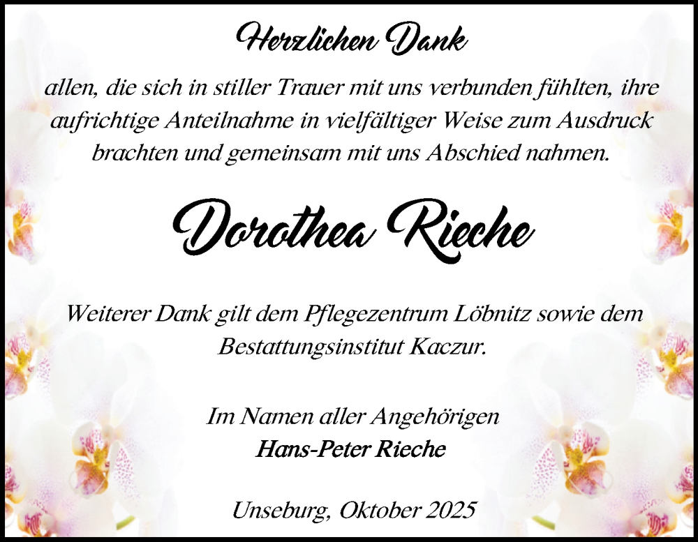  Traueranzeige für Dorothea Rieche vom 18.10.2025 aus Volksstimme Staßfurt