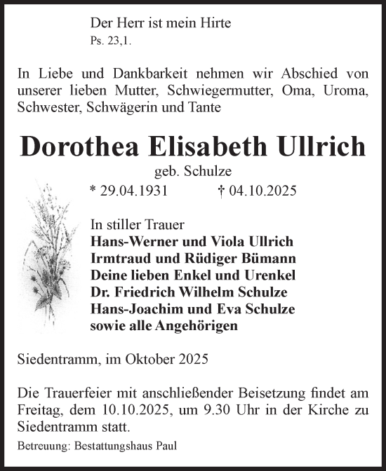 Traueranzeige von Dorothea Elisabeth Ullrich von Volksstimme Altmark West