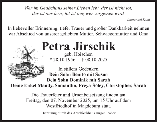Traueranzeige von Petra Jirschik von Volksstimme Magdeburg