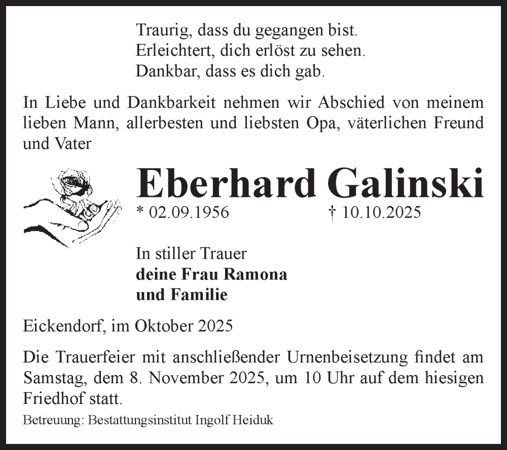  Traueranzeige für Eberhard Galinski vom 25.10.2025 aus Volksstimme Schönebeck