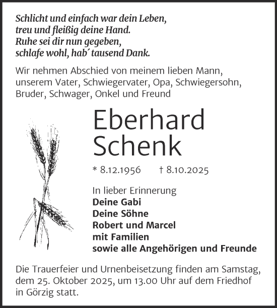 Traueranzeige von Eberhard Schenk von Trauerkombi Köthen