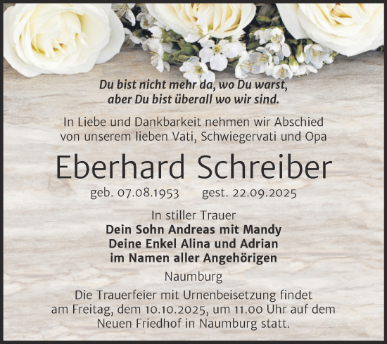 Traueranzeige von Eberhard Schreiber von Super Sonntag Naumburg/Nebra