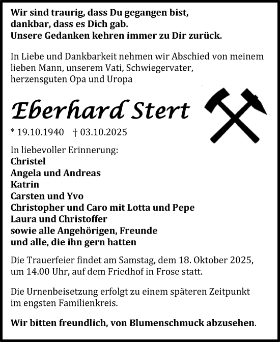 Traueranzeige von Eberhard Stert von Trauerkombi Aschersleben