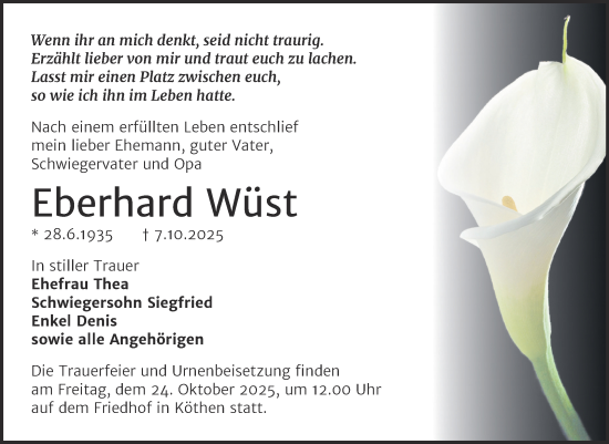 Traueranzeige von Eberhard Wüst von Trauerkombi Köthen