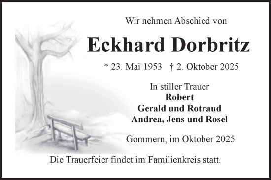 Traueranzeige von Eckhard Dorbritz von Volksstimme Burg/Genthin