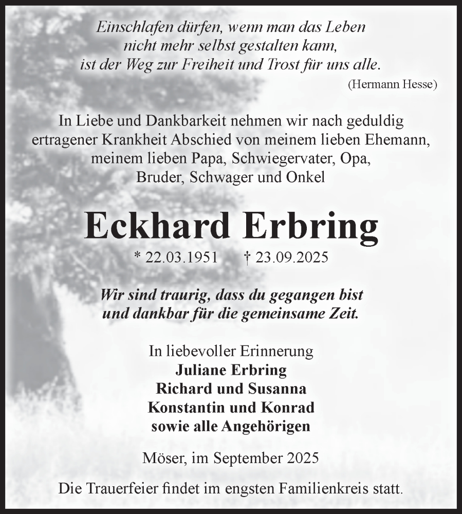 Traueranzeige für Eckhard Erbring vom 04.10.2025 aus Volksstimme Burg/Genthin