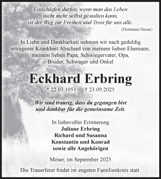 Traueranzeige von Eckhard Erbring von Volksstimme Burg/Genthin