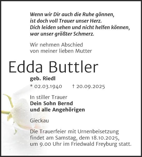 Traueranzeige von Edda Buttler von Super Sonntag Naumburg/Nebra
