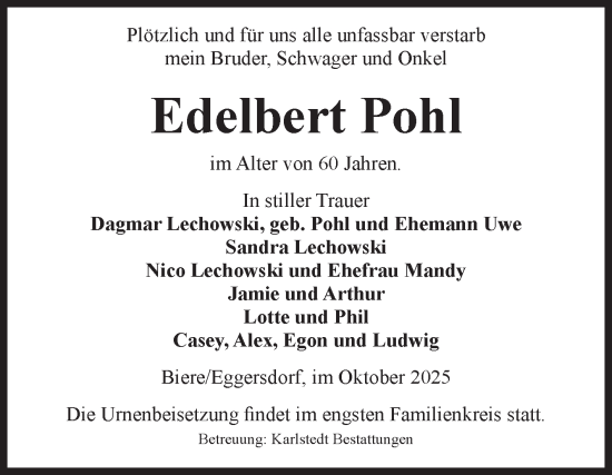 Traueranzeige von Edelbert Pohl von Volksstimme Schönebeck