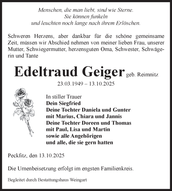 Traueranzeige von Edeltraud Geiger von Volksstimme Altmark West