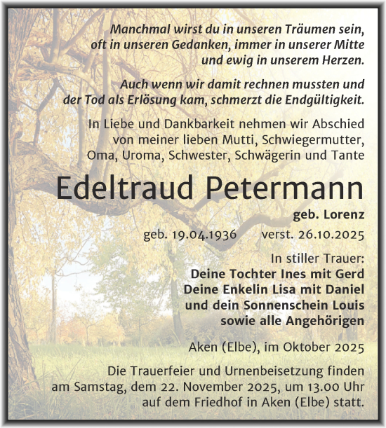 Traueranzeige von Edeltraud Petermann von Trauerkombi Köthen