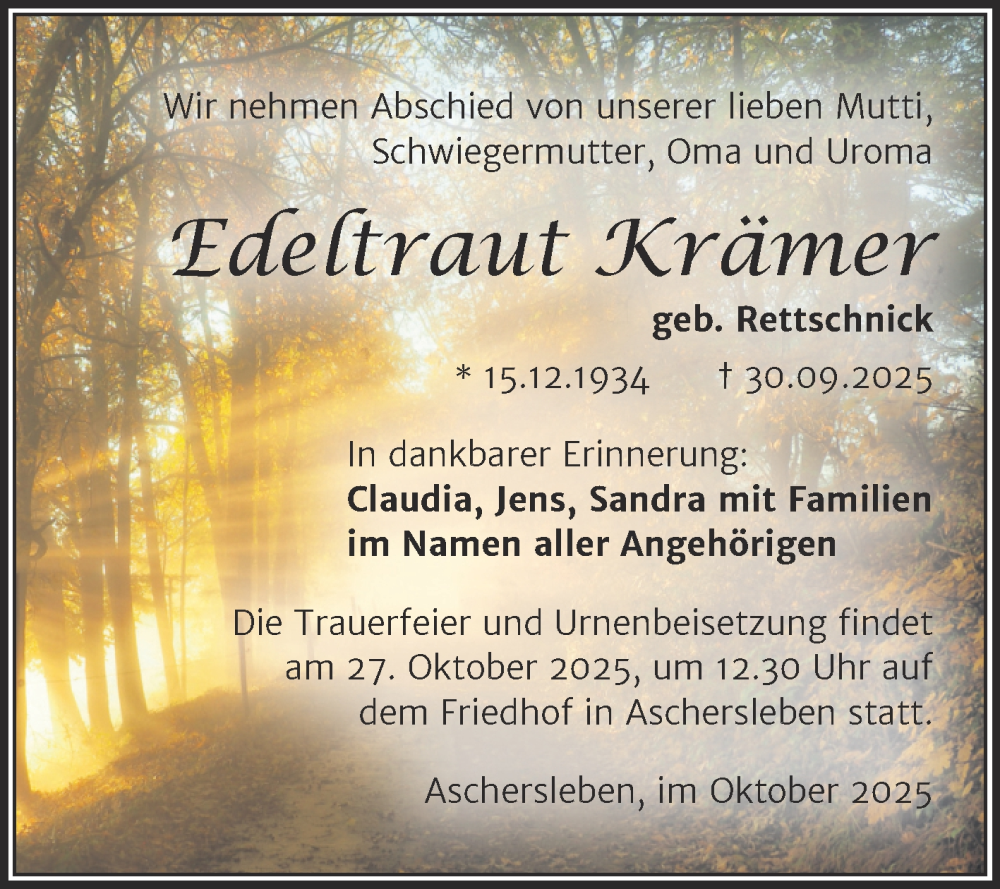  Traueranzeige für Edeltraut Krämer vom 18.10.2025 aus Trauerkombi Aschersleben