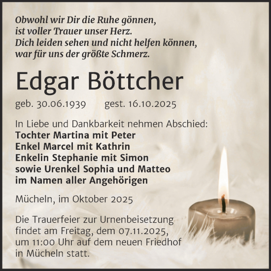 Traueranzeige von Edgar Böttcher von Trauerkombi Merseburg