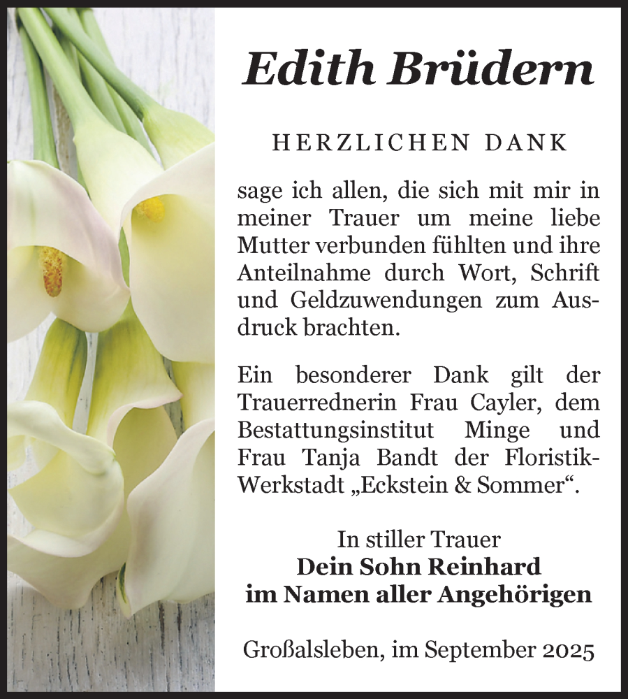 Traueranzeige für Edith Brüdern vom 02.10.2025 aus Volksstimme Oschersleben/Wanzleben