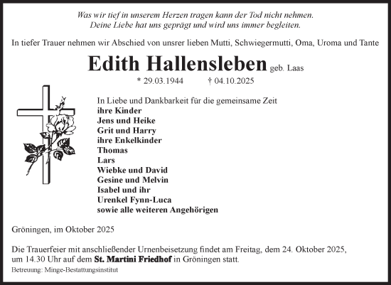 Traueranzeige von Edith Hallensleben von Volksstimme Oschersleben/Wanzleben