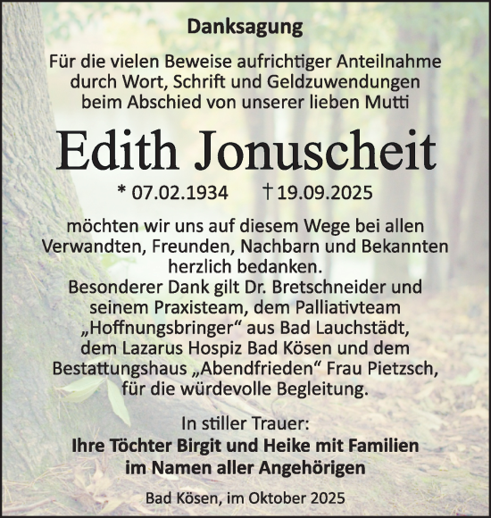 Traueranzeige von Edith Jonuscheit von Super Sonntag Naumburg/Nebra
