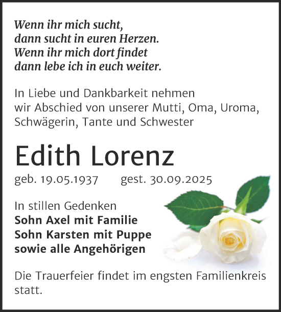 Traueranzeige von Edith Lorenz von Trauerkombi Aschersleben