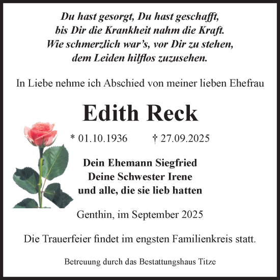 Traueranzeige von Edith Reck von Volksstimme Burg/Genthin