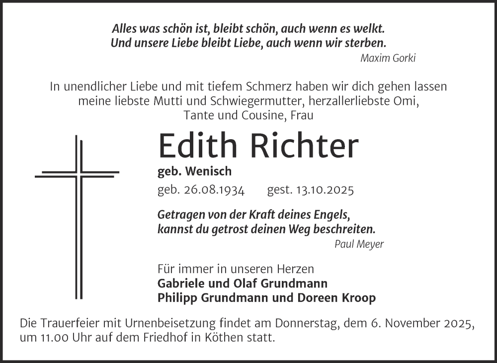  Traueranzeige für Edith Richter vom 18.10.2025 aus Trauerkombi Köthen