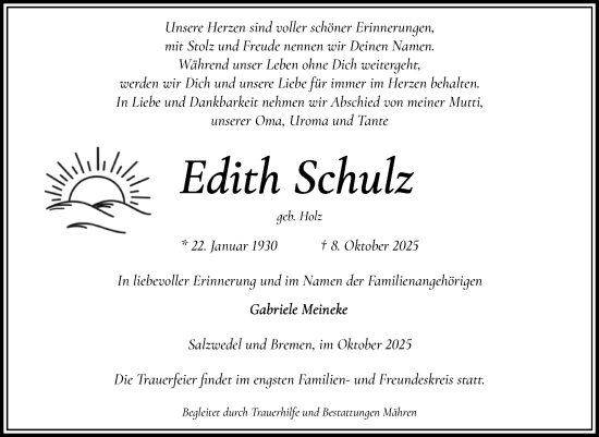 Traueranzeige von Edith Schulz von Volksstimme Altmark West