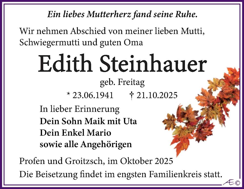  Traueranzeige für Edith Steinhauer vom 25.10.2025 aus Trauerkombi Zeitz