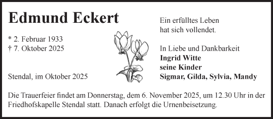 Traueranzeige von Edmund Eckert von Volksstimme Altmark Ost