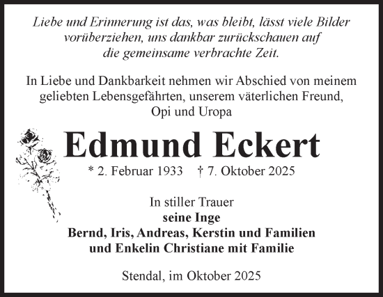 Traueranzeige von Edmund Eckert von Volksstimme Altmark Ost