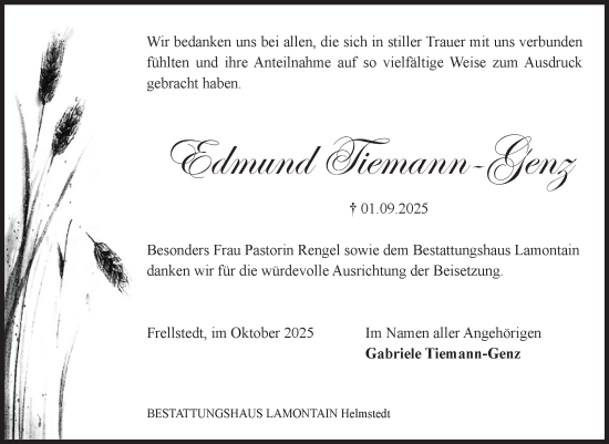 Traueranzeige von Edmund Tiemann-Genz von Volksstimme Altmark West