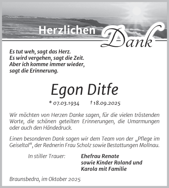 Traueranzeige von Egon Ditfe von Trauerkombi Merseburg