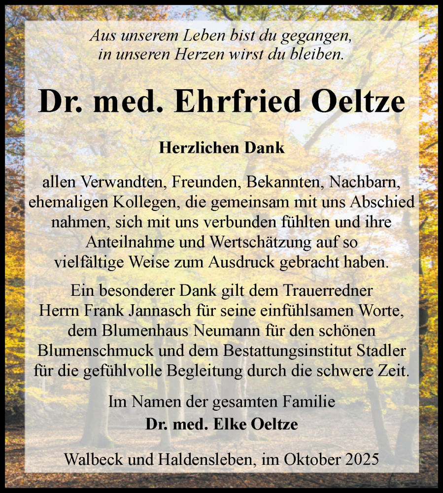  Traueranzeige für Ehrfried Oeltze vom 18.10.2025 aus Volksstimme Altmark West