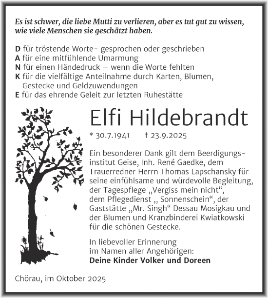 Traueranzeige von Elfi Hildebrandt von Trauerkombi Dessau