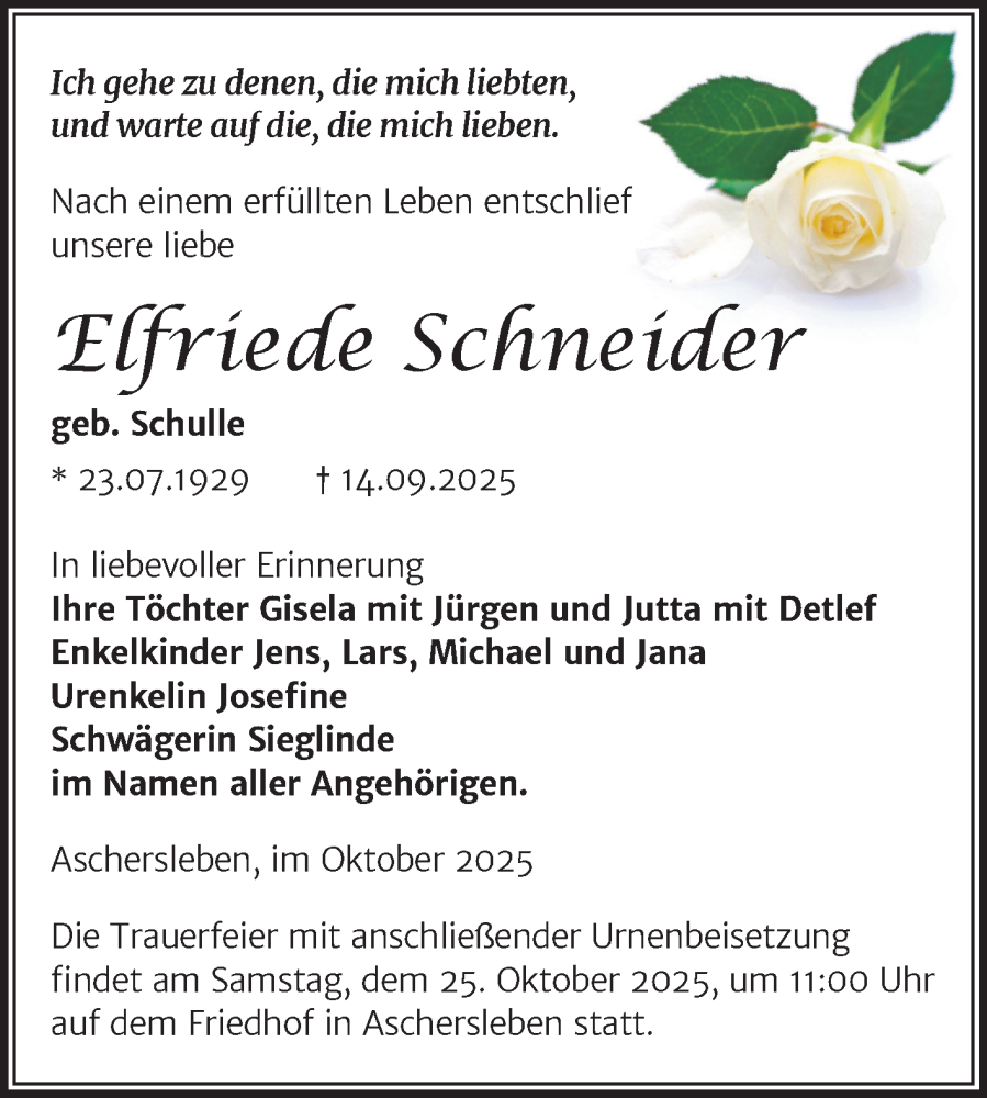  Traueranzeige für Elfriede Schneider vom 04.10.2025 aus Trauerkombi Aschersleben