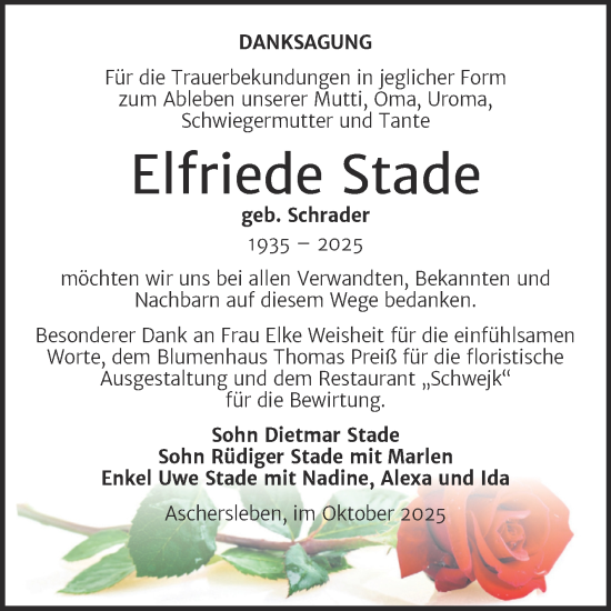 Traueranzeige von Elfriede Stade von Trauerkombi Aschersleben