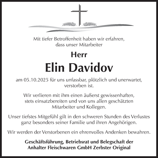 Traueranzeige von Elin Davidov von Volksstimme Zerbst