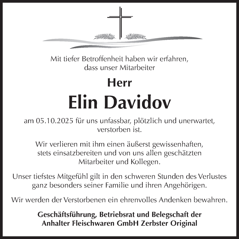  Traueranzeige für Elin Davidov vom 18.10.2025 aus Volksstimme Zerbst