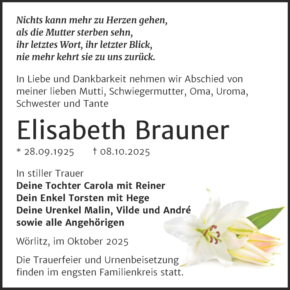  Traueranzeige für Elisabeth Brauner vom 25.10.2025 aus Trauerkombi Wittenberg