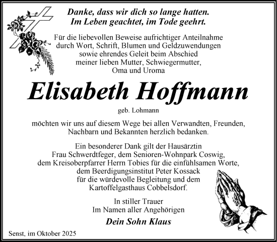 Traueranzeige von Elisabeth Hoffmann von Trauerkombi Wittenberg