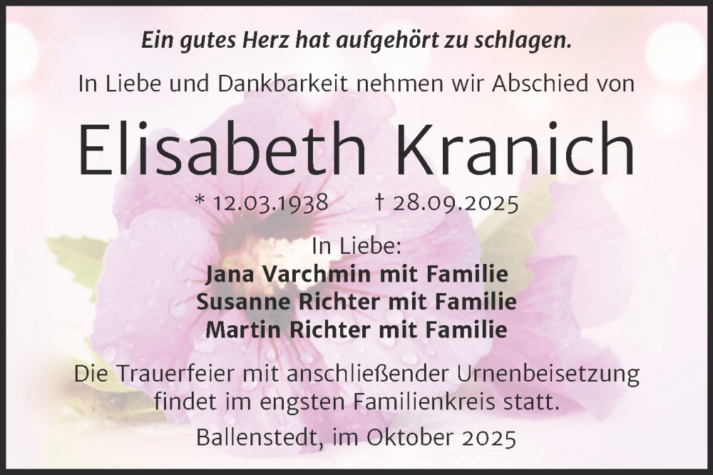  Traueranzeige für Elisabeth Kranich vom 11.10.2025 aus Trauerkombi Quedlinburg
