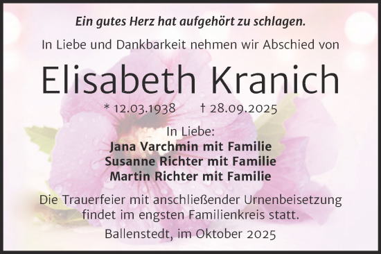 Traueranzeige von Elisabeth Kranich von Trauerkombi Quedlinburg