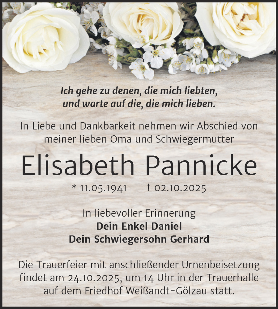  Traueranzeige für Elisabeth Pannicke vom 18.10.2025 aus Trauerkombi Köthen
