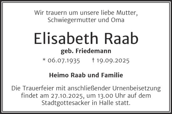 Traueranzeige von Elisabeth Raab von Mitteldeutsche Zeitung Halle/Saalkreis