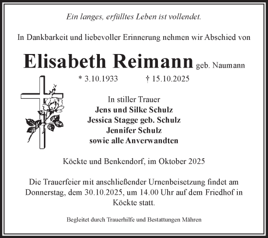 Traueranzeige von Elisabeth Reimann von Volksstimme Altmark West