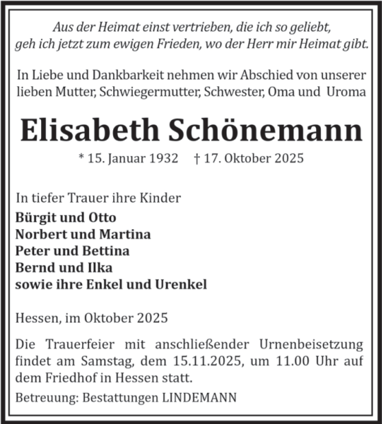Traueranzeige von Elisabeth Schönemann von Volksstimme Halberstadt