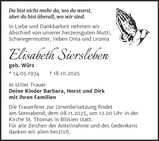 Traueranzeige von Elisabeth Siersleben von Trauerkombi Merseburg