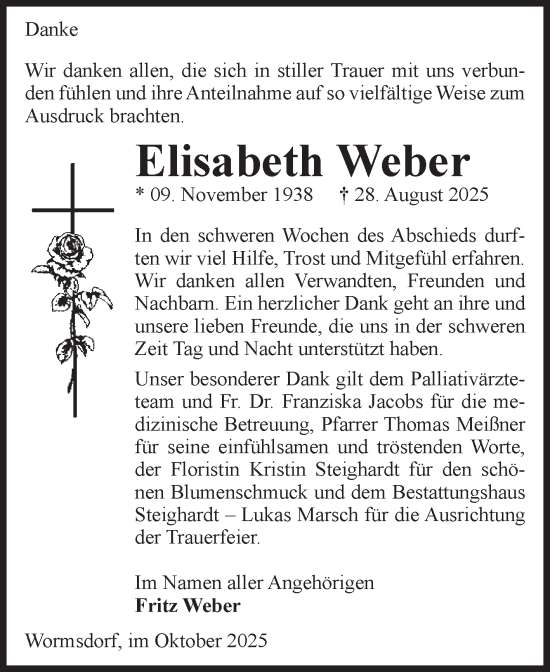 Traueranzeige von Elisabeth Weber von Volksstimme Oschersleben/Wanzleben