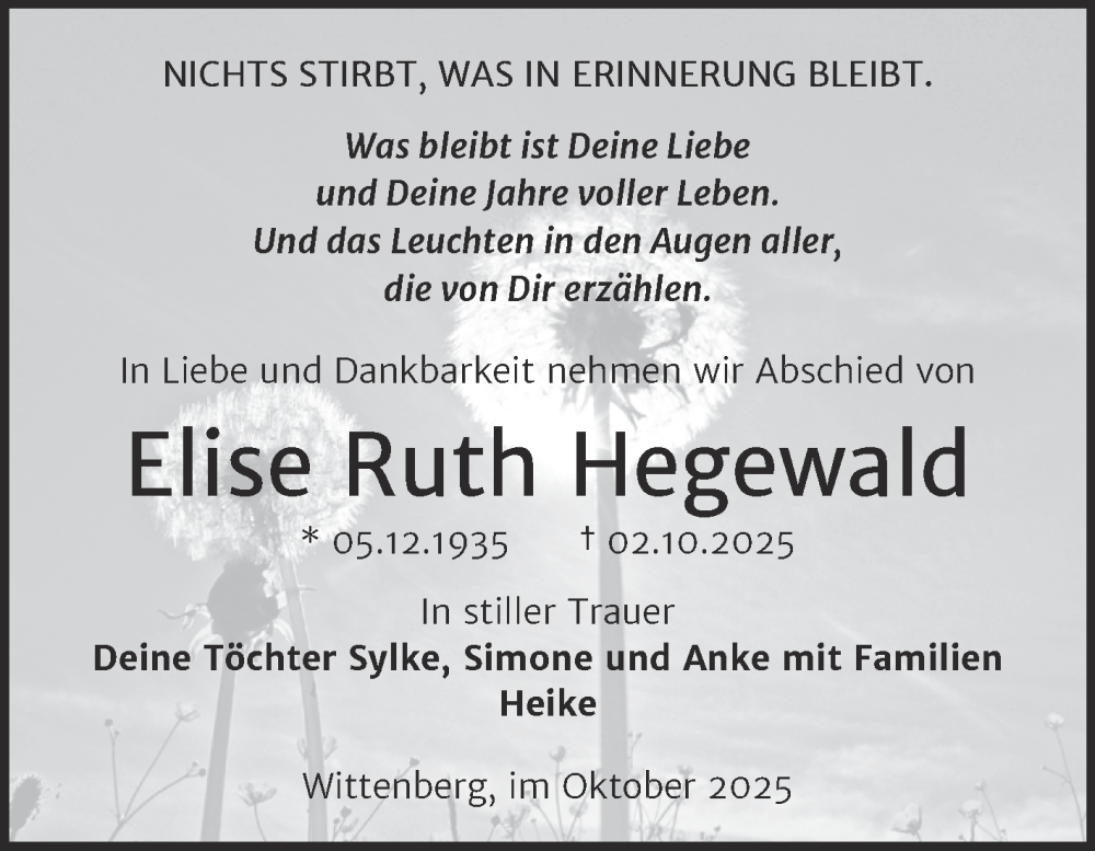  Traueranzeige für Elise Ruth Hegewald vom 25.10.2025 aus Trauerkombi Wittenberg