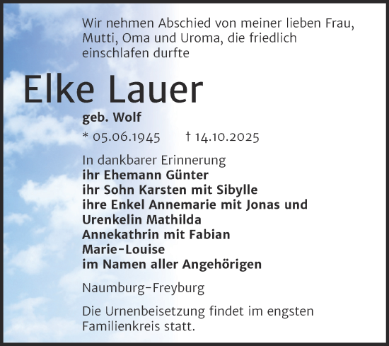 Traueranzeige von Elke Lauer von Naumburger Tageblatt